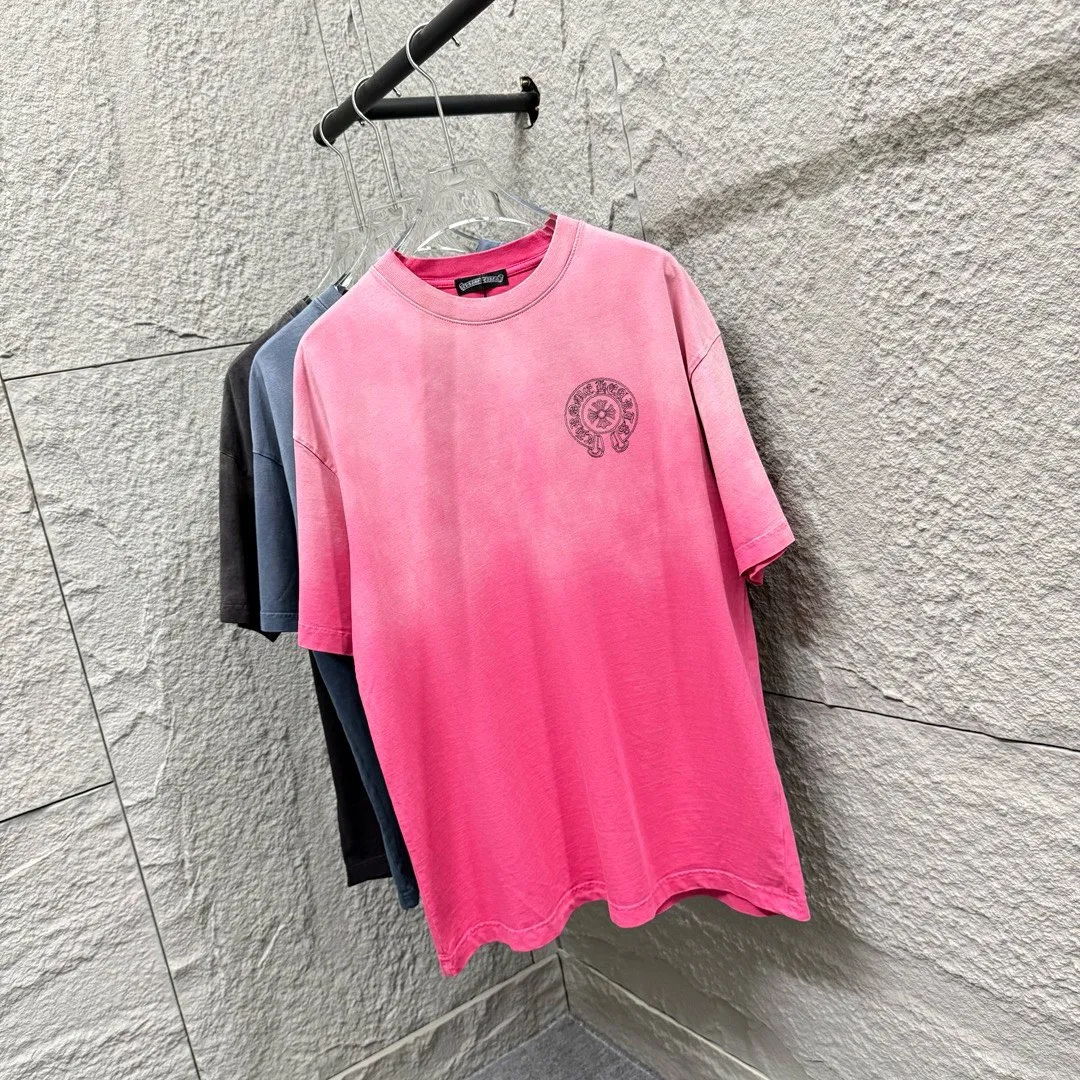🅿️200 CH Croix Heart 2025 Summer New Style Heavy Acid Washing Gradient Distressing Chest Logo Classic Embroidery Customized Fabric Short Sleeve T-shirt Unisex Size: S M L